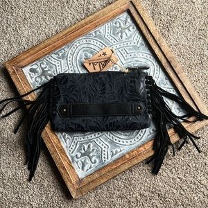 Tony Lama Western Womens Clutch Wallet Suede Fringe Black 2196790BLK